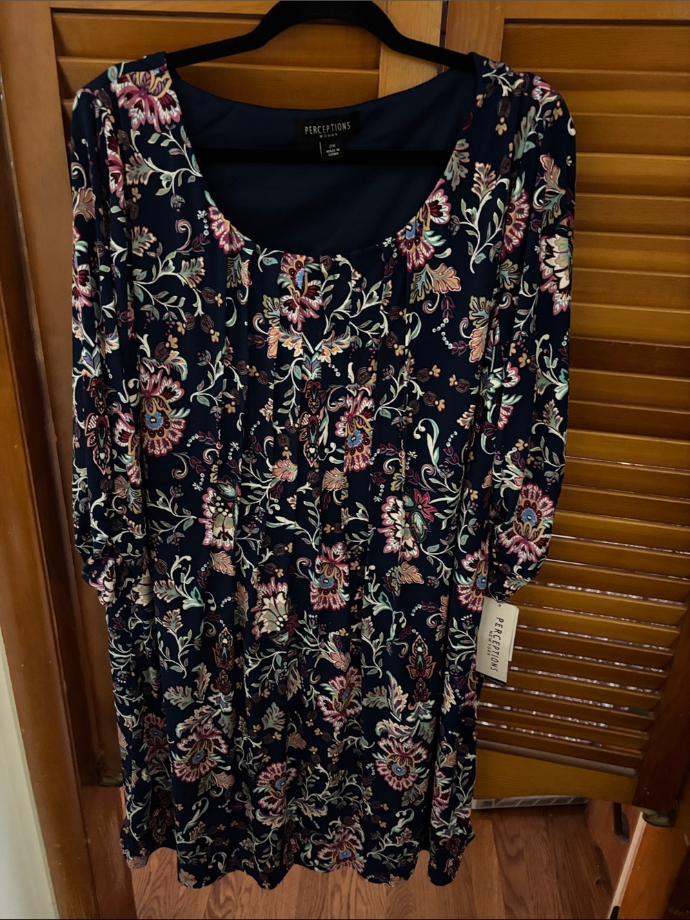 Perceptions Navy Floral Long-Sleeve Scoop Neck Dress